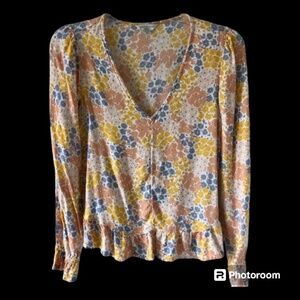 Lucky Brand Yellow Long Sleeve Floral Blouse with ruffled hem and cuffs size XS